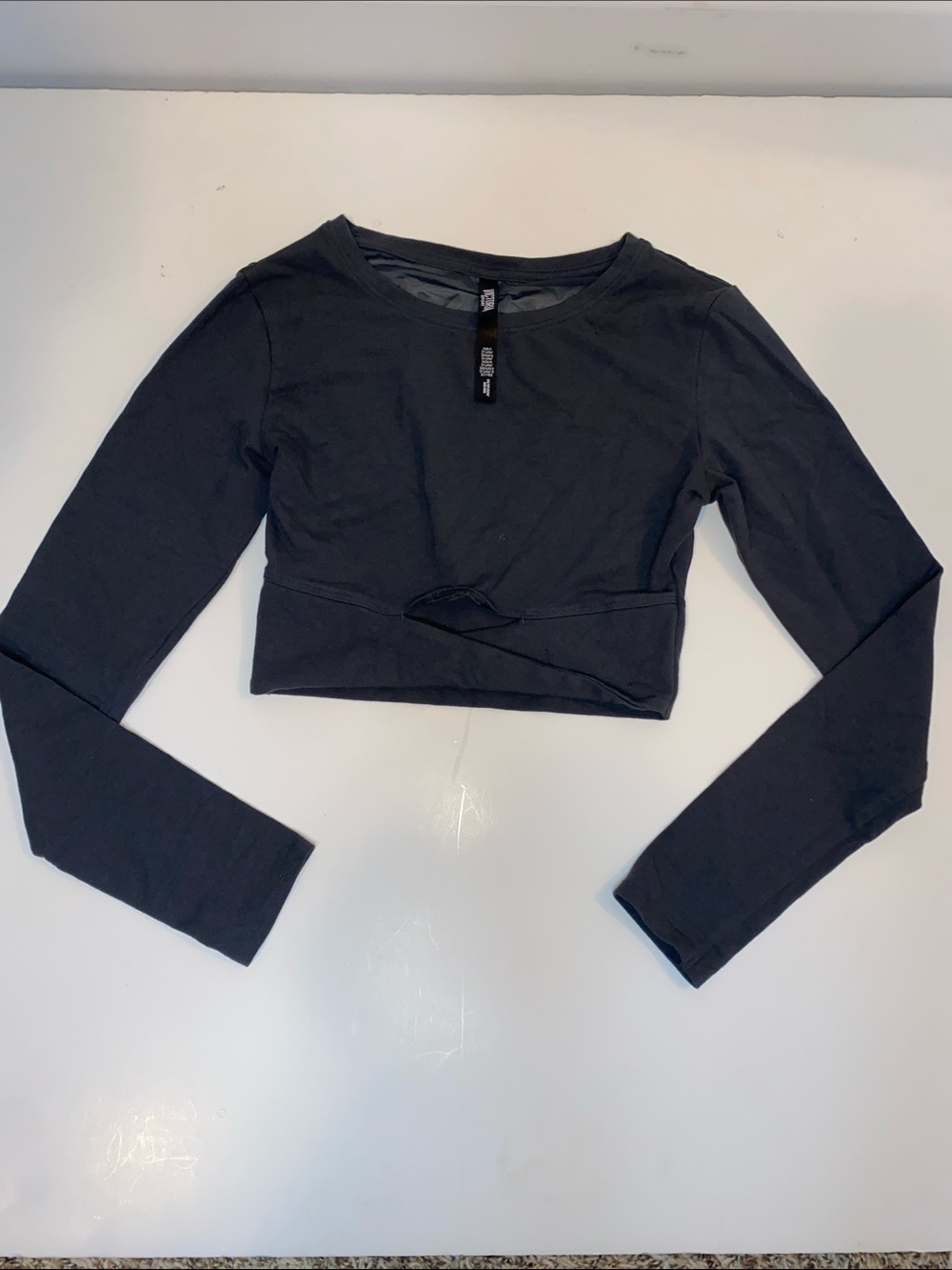 Victoria's Secret Grey Long Sleeve Cropped Twist Detail Top Sheer Mesh Back.